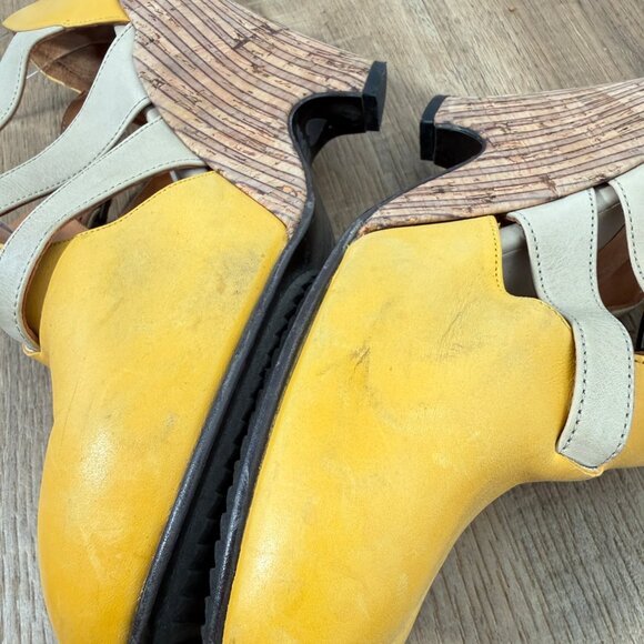 John Fluevog Pindown Farrah Wedge Heel Shoes Yellow Cream Buckle Statement 9 - Picture 5 of 12
